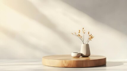 Poster - Wooden Round Platform with White Vase and Plant in Bright Indoor Setting