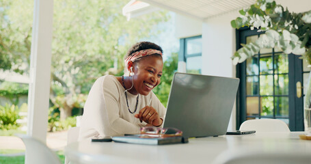 Poster - Video call, remote work and black woman on laptop in home for contact, online chat and virtual meeting. Communication, creative freelancer and earphones for discussion, talking and webinar on patio