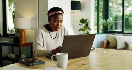 Poster - Remote work, black woman or research on laptop in home for blog post, creative review and editing. Freelancer, journalist or tech in house for typing newsletter, editor feedback or proofreading draft