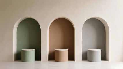 Aufkleber - Three arched niches with cylindrical pedestals in green beige and gray colors in a minimalist style