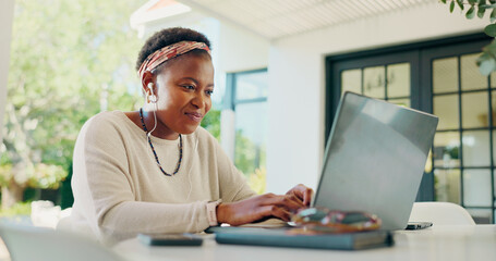 Poster - Laptop, home and black woman with earphones for remote work, creative career and copywriting. Patio, music and person on computer for online review, writing article and digital magazine in house