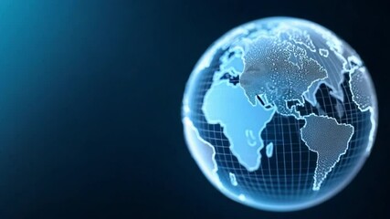 Poster - Digital Globe: A futuristic, translucent digital globe with glowing lines and continents against a dark-blue background, symbolizing global connection and technology.