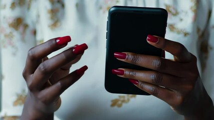 Poster - Closeup of hands typing on smartphone while seated in a cozy indoor setting, Closeup woman hands fingers typing sliding smartphone device in social media
