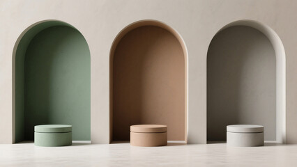 Poster - Three arched niches with colored backgrounds and matching round containers on a white surface
