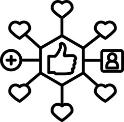 Poster - Social media network icon with central thumbs up symbol, surrounded by heart shapes, user profile, and add symbol, representing online engagement and positive interaction