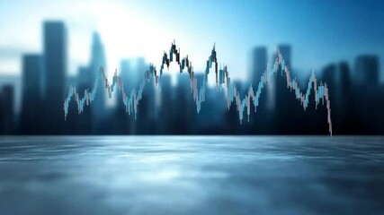 Poster - Market Trend Skyline: A dynamic stock market graph overlays a blurred cityscape at dusk, symbolizing the interplay between financial markets and urban development.