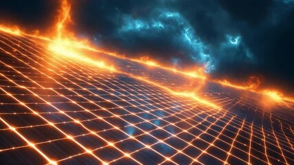 Poster - Abstract digital Grid and Energy: A visually arresting digital art piece showcasing a dynamic grid pattern pulsating with vibrant energy. The grid, illuminated with fiery hues.