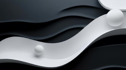 Poster - Monochrome Abstract Waves with Spheres Background in Gray and White 3D Render