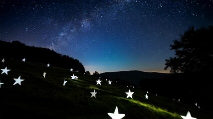 Wall Mural - Hillside illuminated with bright star decorations under dark night sky with visible Milky Way