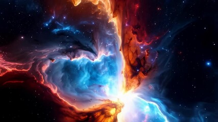 Wall Mural - Vibrant cosmic nebula with swirling cloud formations in deep space, showing brilliant blue, orange, red, and yellow luminous gases and a bright stellar genesis point
