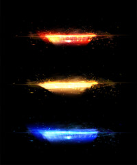 Aufkleber - Horizontal light portals in red, yellow and blue with sparks and glow on a black background.