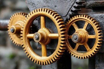 Aufkleber - Golden gears rotating smoothly on metal frame