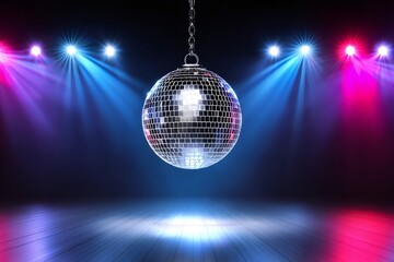 Poster - Shiny disco ball hanging over empty dance floor reflecting stage lights