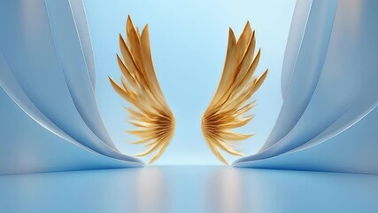 Poster - Golden Abstract Wing Shapes Against a Light Blue Gradient Background 3D Render