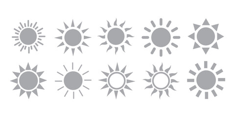 Wall Mural - Sun icon set. Yellow sun star icons collection. Summer, sunlight, nature, sky. Vector illustration isolated on white background.