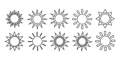 Wall Mural - Sun icon set. Yellow sun star icons collection. Summer, sunlight, nature, sky. Vector illustration isolated on white background.