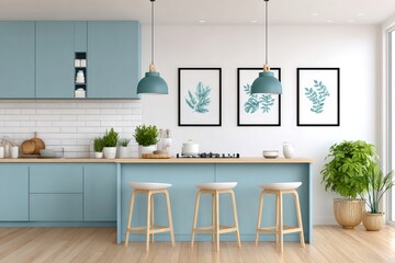 Poster - Modern kitchen interior with island and bar stools showing minimalist design