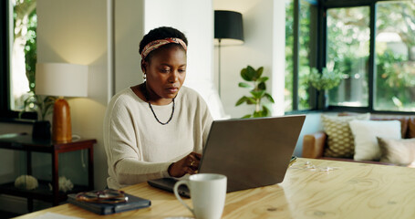 Poster - Freelancer, black woman and typing on laptop in home for blog post, creative review or publication. Remote work, journalist or tech in house for writing newsletter, story development or editing draft