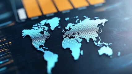 Poster - Global Network: A stylized world map is prominently displayed on a futuristic digital interface, symbolizing global connectivity and data flow.