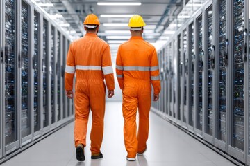 Poster - Two technicians walking in data center corridor inspecting server racks