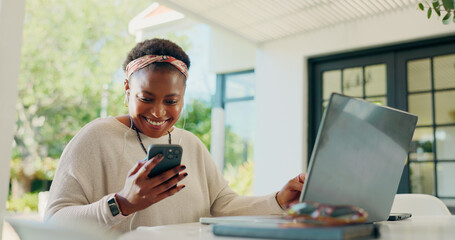 Poster - Remote work from home, smartphone and black woman with laptop, smile and copywriting. African person, writer and journalist with PC, cellphone and message to contact, social media and online reading