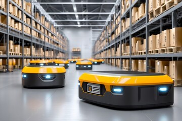 Aufkleber - Autonomous mobile robots transporting goods in modern warehouse, smart logistics and automation in distribution center
