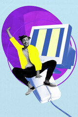 Aufkleber - Trend artwork sketch design montage 3D collage of young man sit mouse obsolete computer monitor smile hr recruitment worker office hiring