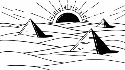 Poster - Illustration of pyramids in a desert landscape with a rising sun in a simple black and white style created with generated ai