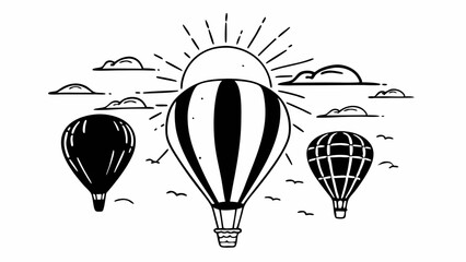 Poster - three hot air balloons floating under a sun with clouds in a simple black and white line drawing sty