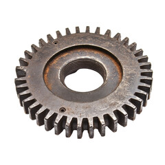 Poster - Gear cog wheel with a rusted finish on a white background showcasing mechanical engineering details, Gear cog wheel isolated on white background