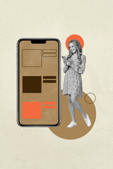 Aufkleber - Creative art collage of person stand chat tickets near big template smart phone on pastel background