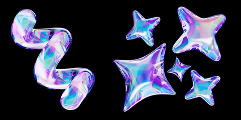 Poster - Holographic y2k crystal stars and spiral line. Liquid glass inflatable 3d shapes with bright neon gradient isolated on black background. Iridescent abstract geometric elements render. 3D illustration