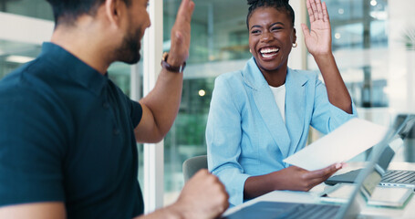 Poster - Man, woman and high five with documents at office, smile and excited for profit, results and goals. People, team and cheers with celebration, computer and paperwork with success at finance agency