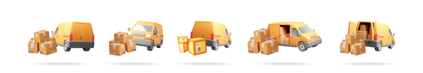 Poster - Delivery van with cardboard parcel box set. Express shipping service transportation concept. Logistics courier vehicle for global mail post freight.
