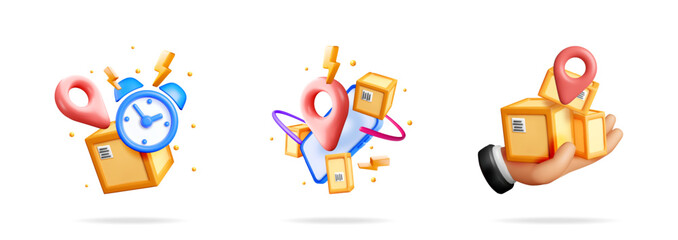 Poster - Express delivery tracking icons with map pointer, time, phone. Cargo boxes in human hand. Delivery service banner.