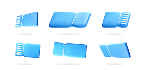Poster - Collection of blue 3d tickets in different angles. Coupon or admission pass concept for event, cinema, travel.