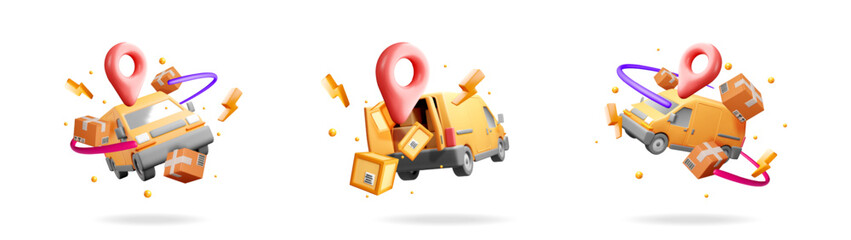 Poster - Set of 3D yellow delivery vans and parcels with lightning and map pin creating a dynamic shipping concept for fast express mail.