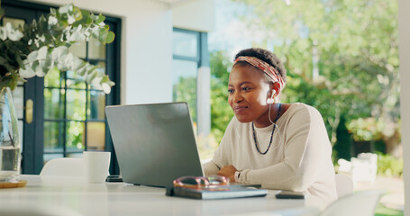 Poster - Laptop, house and black woman with earphones for remote work, creative career and copywriting. Backyard, music and person on computer for online review, writing article and digital magazine on patio