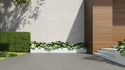 Poster - Modern house, Minimal architecture with wooden terrace and concrete entrance, 3d rendering of luxury property building, 3d rendering of empty exterior wall