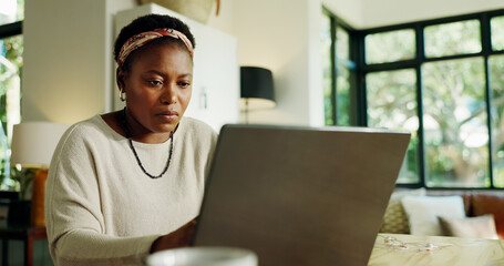 Poster - Remote work, black woman or typing on laptop in home for blog post, creative review or proofreading. Freelancer, journalist or tech in house for writing newsletter, editor feedback or editing article