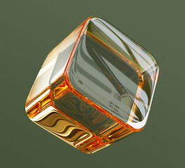 Poster - Gold glass cube 3d icon isolated on green background. Luxury crystal block, golden square box with rounded corners and light refraction. Abstract geometric shape, render decor element. 3D illustration