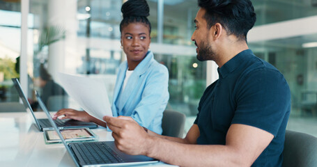 Aufkleber - Office, colleagues and people with document, talking and account manager with financial performance. Collaboration, man and woman with paperwork for sales, discussion and review of report or laptop