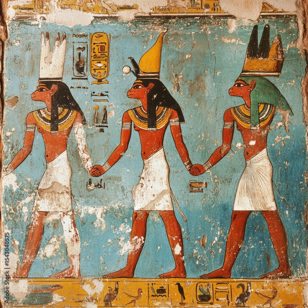 Ancient Egyptian Wall Painting Depicting Three Deities in Traditional ...