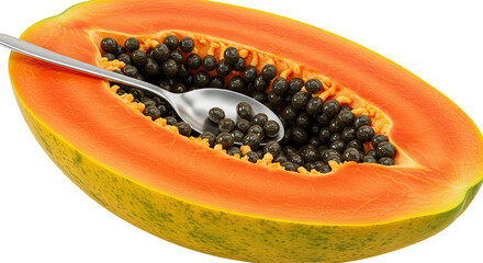 Poster - Freshly Cut Papaya Fruit with a Spoon, Showing Seeds and Orange Flesh