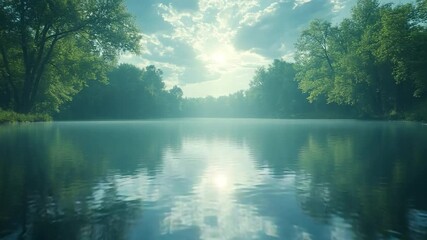 Poster - Misty Lake Reflection: Mist-covered lake reflecting the ethereal sky, surrounded by lush trees