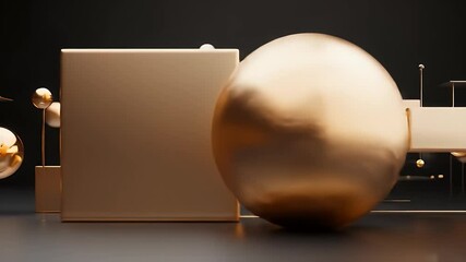 Poster - Golden Spheres and Cubes Abstract Geometric Composition on Dark Background Smooth Surface