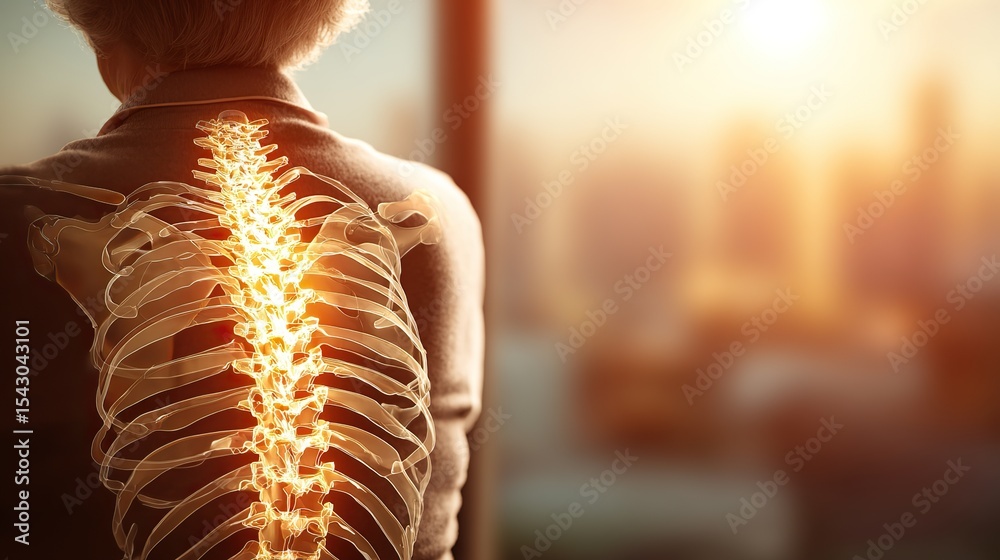 Photorealistic side-view of elderly woman with kyphosis caused by ...