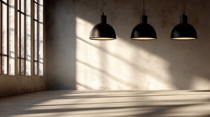 Poster - Minimalistic interior setting featuring sleek pendant lights casting beautiful shadows on textured walls, creating a contemporary atmosphere perfect for design lovers.
