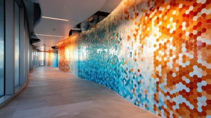 Aufkleber - An innovative interior featuring a mesmerizing hexagonal mosaic wall in vibrant hues of orange and blue, illustrating the beauty of modern design and artistic expression.