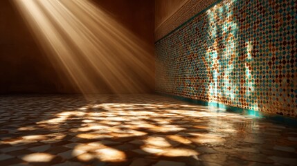 Poster - Cascading light rays filter through a decorative space, creating intriguing shadows on the tiled floor, showcasing the interplay of light and design in an artistic environment.